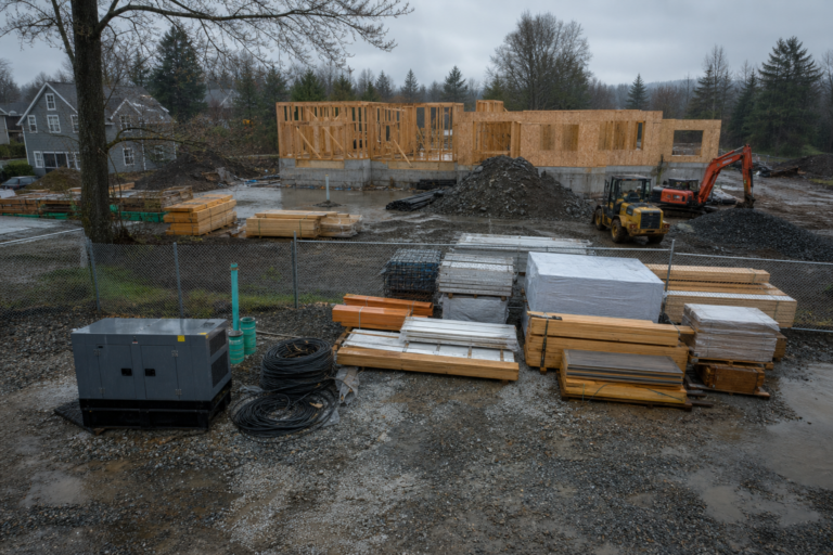 Overcast home rebuild site with framed walls, stacked lumber, and equipment awaiting construction site security coverage