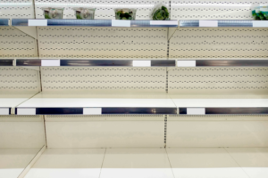 Stripped retail shelving after an organized retail crime hit, showing why retail security guards matter before the goods leave the store