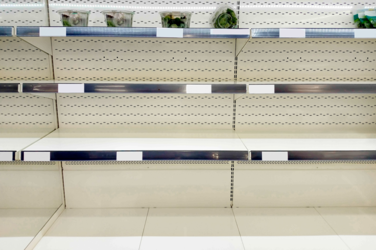 Stripped retail shelving after an organized retail crime hit, showing why retail security guards matter before the goods leave the store