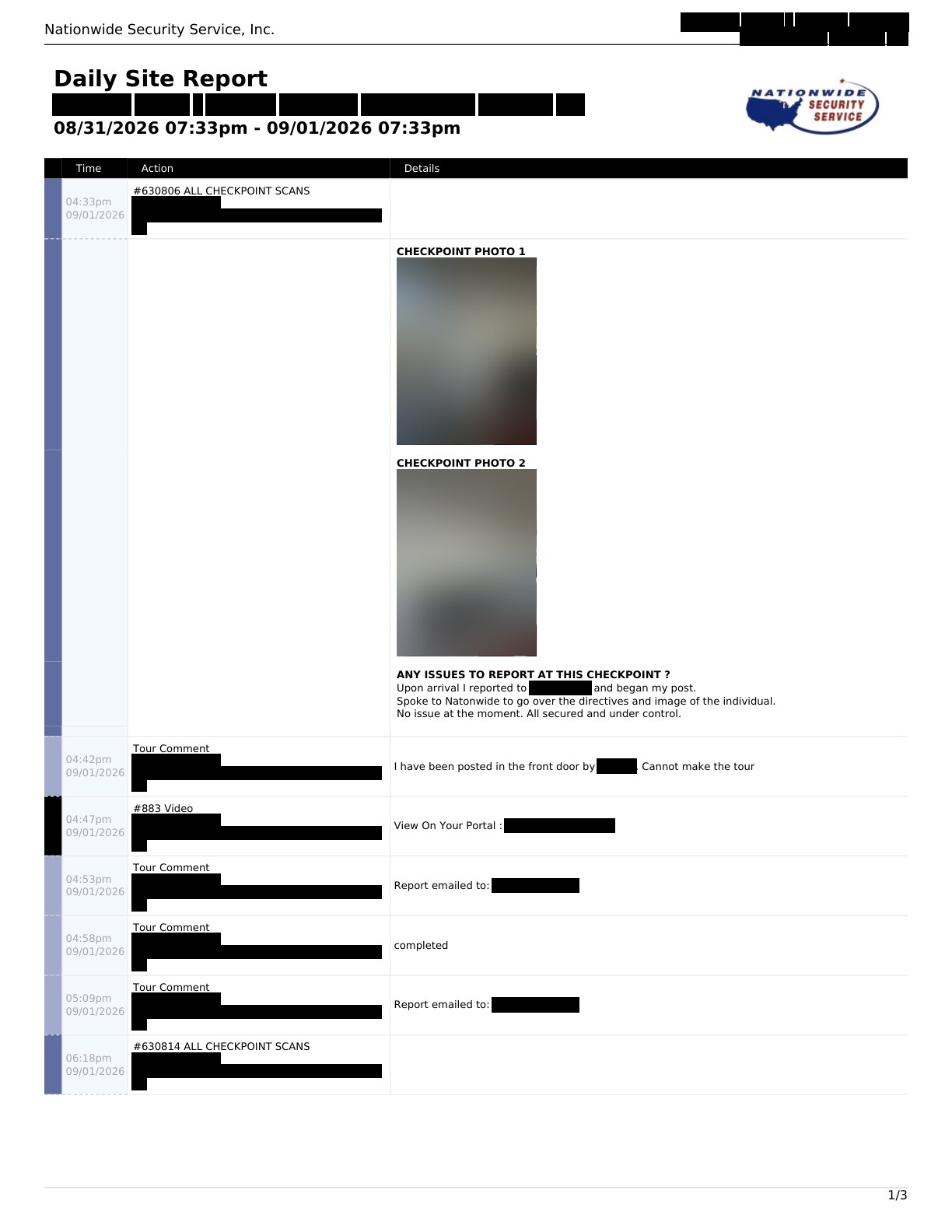 Redacted daily activity report from a security management company showing GPS checkpoint scans, timestamped photos, tour comments and same evening delivery to the client