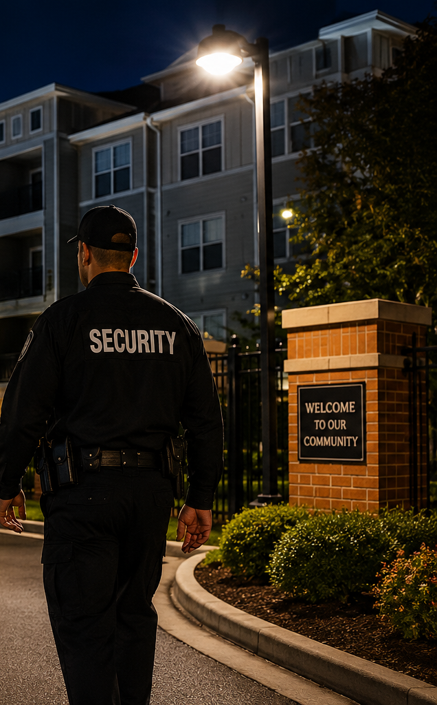 Security guard patrolling an apartment community at night