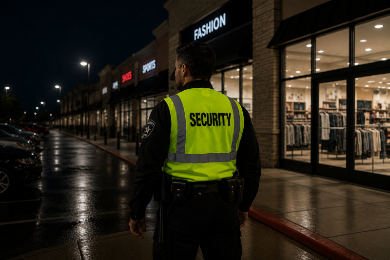 Uniformed security guard posted at a storefront entrance