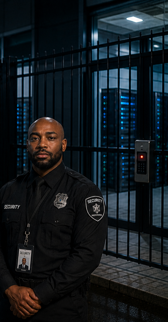 Security guard posted at a data center gate at night