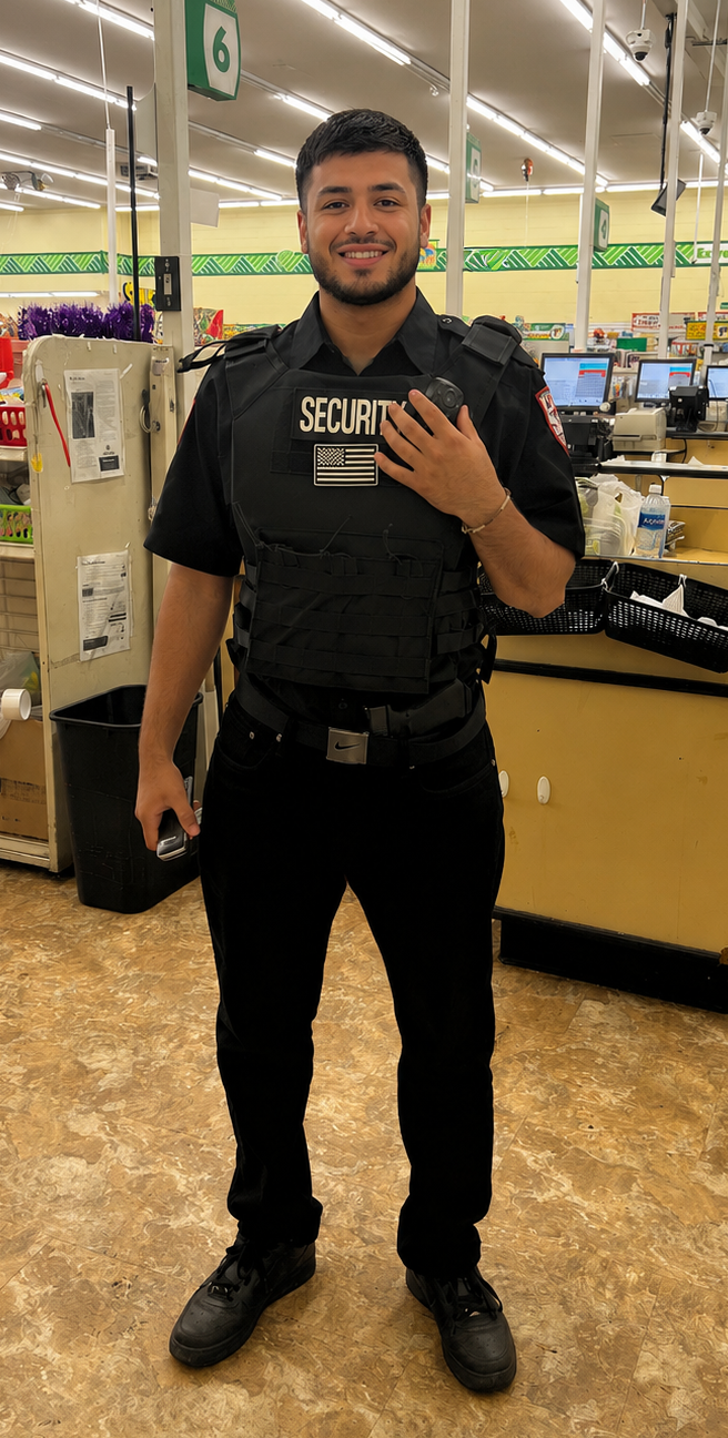 Armed retail security guard on duty inside a store