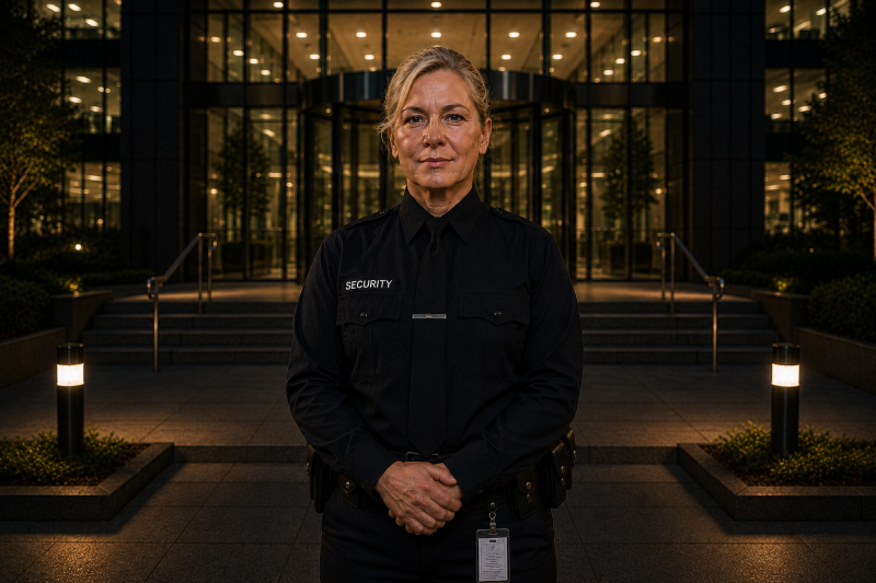 Security guard at an office building lobby post
