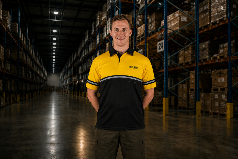 Warehouse security guard on patrol at a distribution center